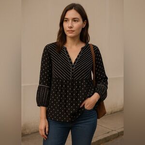 Pure Jill Elements Black Boho Embroidered Cotton Top XL